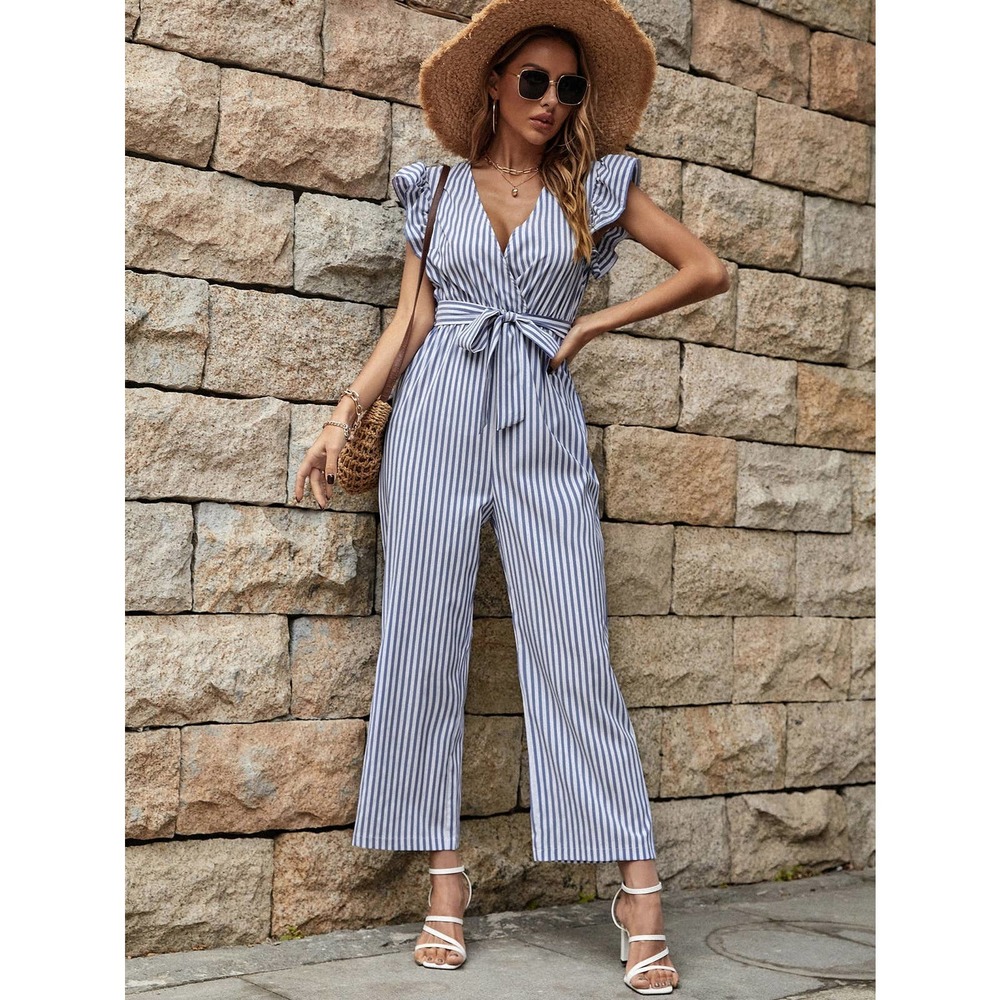 Short Sleeve Striped Print Ruffle Trim Belted Jumpsuit boho blue white